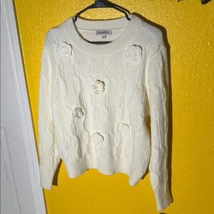 Nanette Lepore Cream Cable Knit Sweater with Floral Details